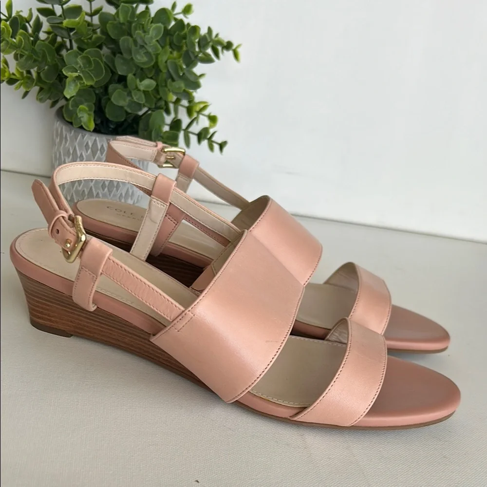 Cole Haan Sandals Women Pink Leather Slingback Wedge Buckle - Picture 3 of 17